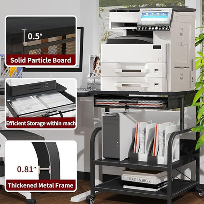 TFK 3-Tier Printer Stand with Drawer, Adjustable Shelf, Rolling Casters, 23.6 x 18.9 x 30 Inch Heavy Duty Printer Cart for Home Office, Large Printers, 3D Printers, Fax & Heat Press, Black