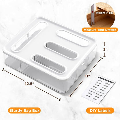 OUTXE Bag Organizer for Drawer + Fridge, Magnetic Kitchen Baggie Storage | Pantry Organization for Ziplock Plastic Food Bags | Compatible with Snack Sandwich Quart Gallon (White)