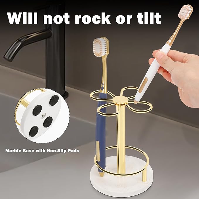Toothbrush Holder Stand for Bathroom, Metal Toothbrush Organizer with Marble Base, Toothbrush Storage Collection for Family, Suitable for Home Hotel Countertop Vanity (Small, Gold)
