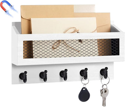 Magnetic Mail and Key Holder for Wall Fridge Wooden Mail Organizer with 5 Key Hooks for Home Bedroom Fridge Kitchen Decorative (White)