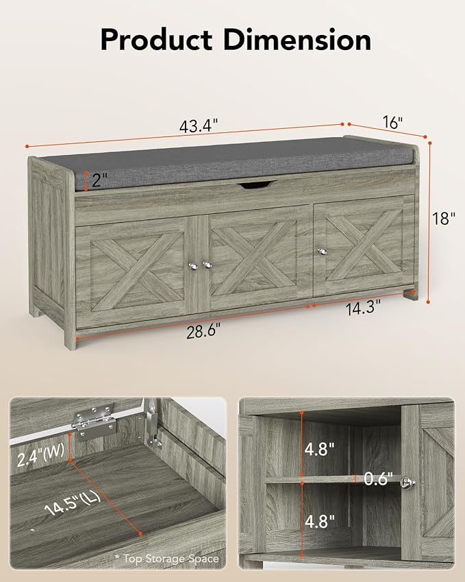 Pipishell Shoe Storage Bench, 2-Tier Shoe Bench with Cushioned Seat, Entryway Bench with Adjustable Shelf & Barn Doors, 300 lbs Capacity, 39.4" x 15" x 18", for Entryway, Bedroom, Living Room, Gray