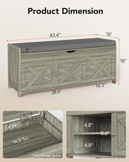 Pipishell Shoe Storage Bench, 2-Tier Shoe Bench with Cushioned Seat, Entryway Bench with Adjustable Shelf & Barn Doors, 300 lbs Capacity, 39.4" x 15" x 18", for Entryway, Bedroom, Living Room, Gray