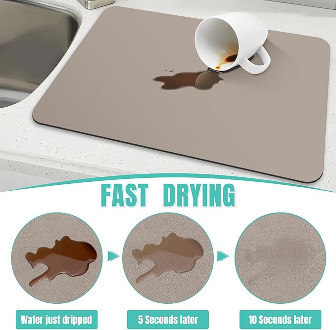 WISELIFE Coffee Mat Super Absorbent Dish Drying Mat Coffee Bar Accessories Match with Machine Large Drying Mats for Kitchen Counter 18" W x 36" L, Khaki