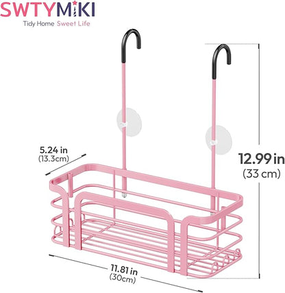 SWTYMIKI Shower Caddy Hanging Organizer - Over the Door Shower Caddy with 6 Hooks, 2 Installation Ways, Stainless Steel Rustproof Bathroom Organizer, Pink Small