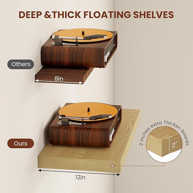 Vivelove 12 Inch Deep Floating Shelves 47.2 inch Long, 2 Inch Thick Wall Shelves with Invisible Brackets, Shelf for Bedroom Bathroom Living Room Kitchen Office Home Decor, Modern Shelf Set of 2, Oak