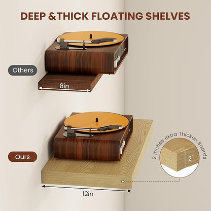 Vivelove 12 Inch Deep Floating Shelves 24 inch Long, 24 x 12 Wide Wall Shelves with Invisible Brackets, Shelf for Bedroom Bathroom Living Room Kitchen Office Home Decor, Modern Shelf Set of 2, Oak