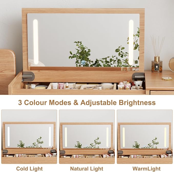 Solid Wood Vanity Desk With Flip Top Mirror And Lights, Mild Century Dressing Table Wooden 4 Drawers Storage, 40 Inch Large Make Up Vanity With 3 Lighting Modes Original, Wood Color (With Adapter)
