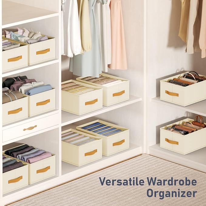 DIMJ Wardrobe Clothes Organizer - 4/5/7 Grids Foldable Closet Drawer Organizer Dividers for Jeans, Pants, Sweater, T Shirt, Storage Bins with Handles for Shelf
