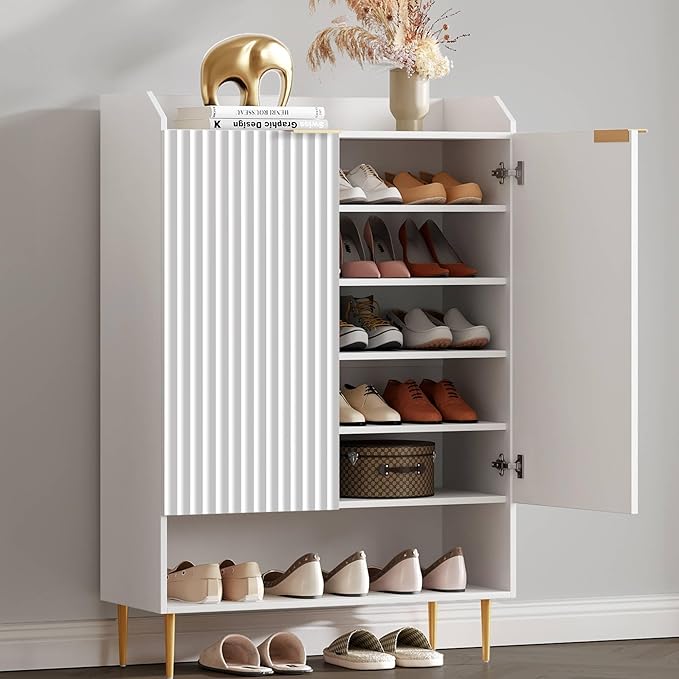 SICOTAS Fluted Shoe Cabinet - 50.7" Tall, 7-Tier Shoe Storage Cabinet with Adjustable Shelves & Doors, Modern Entryway Shoe Organizer for Hallway Front Door Closet, White