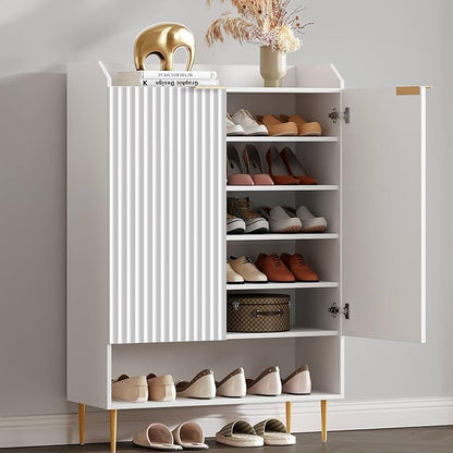 SICOTAS Fluted Shoe Cabinet - 50.7" Tall, 7-Tier Shoe Storage Cabinet with Adjustable Shelves & Doors, Modern Entryway Shoe Organizer for Hallway Front Door Closet, White