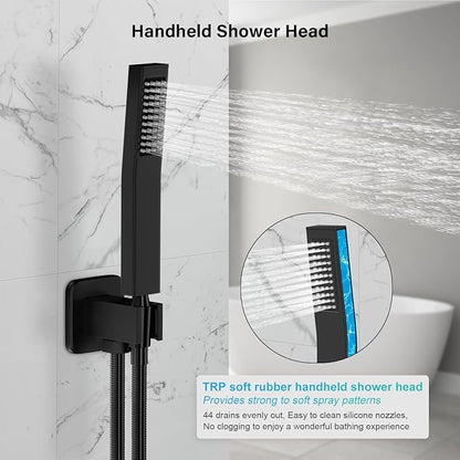 Black Shower Faucet Set, Rainfall Shower System with Square Shower Head and Handle Set, Wall Mounted Shower Fixtures, Shower Valve and Trim Kit 12 inch Matte Black