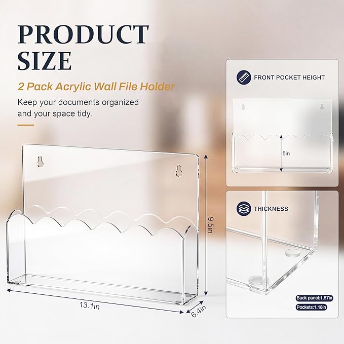 2 Pack Scalloped Acrylic File Holder Wall Mount Self Adhesive, 13 x 9.5 Inch Brochure Holder for A4 Pocket Storage Letter Folders Magazine Mail Organizer Literature Display