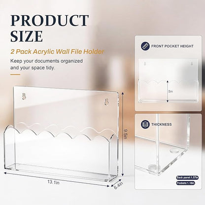2 Pack Scalloped Acrylic File Holder Wall Mount Self Adhesive, 13 x 9.5 Inch Brochure Holder for A4 Pocket Storage Letter Folders Magazine Mail Organizer Literature Display