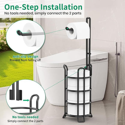 TomCare Toilet Paper Holder Toilet Paper Stand and Dispenser for 3 Spare Rolls Metal Wire Free-Standing Toilet Tissue Paper Roll Storage Shelf Bathroom Accessories Storage Organizer Black
