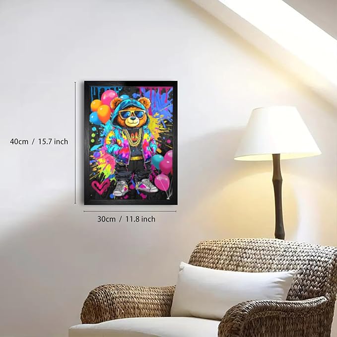 Graffiti Bear With Hands In Pockets And A Gold Chain For Bathroom Wall Decor Framed Cute Animal Wall Decor For Bathroom Washroom Restroom Decor Rustic Humor Wall Poster (Black Framed) 12x16 Inch