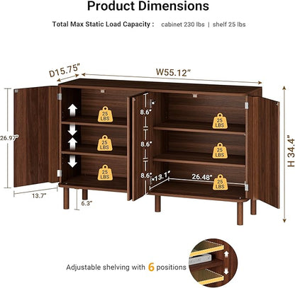 Fluted Sideboard Cabinet, Modern Buffet Cabinet, Storage Cabinet with Adjustable Shelves & Solid Wood Legs, Accent Credenza Sideboard for Kitchen, Coffee Bar, Living Room, Entryway, Hallway