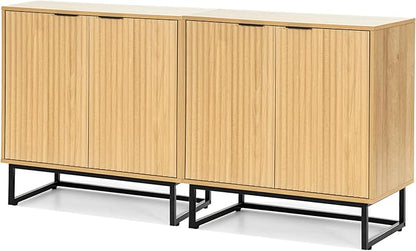 Fluted Storage Cabinets Set of 2, Sideboard Buffet Cabinet Modern Accent Cabinets with Adjustable Shelves, Credenza, Console Table Entryway Cabinet for Living Room, Natural Oak
