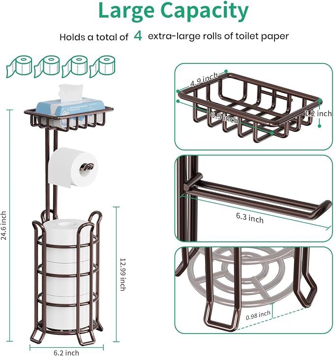 TomCare Toilet Paper Holder Upgraded Toilet Paper Stand with 4 Raised Feet Metal Free Standing Tissue Paper Roll Dispenser with Storage Shelf Sturdy Bathroom Accessories (Bronze)