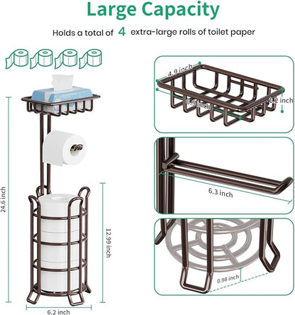 TomCare Toilet Paper Holder Upgraded Toilet Paper Stand with 4 Raised Feet Metal Free Standing Tissue Paper Roll Dispenser with Storage Shelf Sturdy Bathroom Accessories (Bronze)