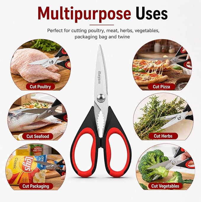 iBayam Kitchen Scissors All Purpose Heavy Duty 2 Pack with Protective Sheath, Stainless Steel Shears Kitchen Utensils Set for Cutting Food Cooking Meat Poultry Dishwasher Safe Soft Comfort-Grip