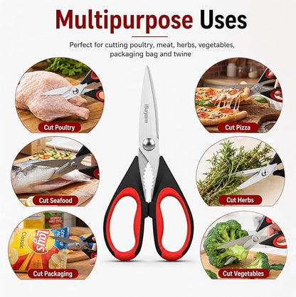 iBayam Kitchen Scissors All Purpose Heavy Duty 2 Pack with Protective Sheath, Stainless Steel Shears Kitchen Utensils Set for Cutting Food Cooking Meat Poultry Dishwasher Safe Soft Comfort-Grip