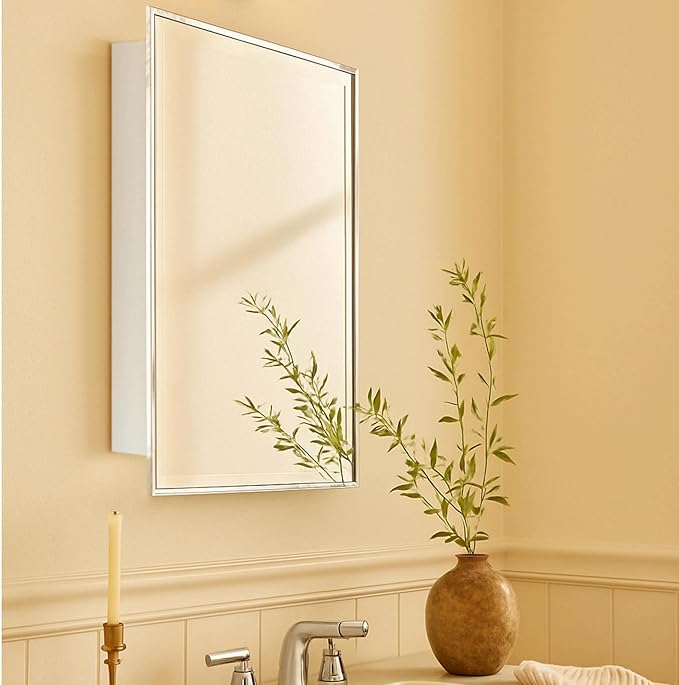 TEHOME 24'' x 30'' Polished Nickel Recessed and Surface Mount Bathroom Medicine Cabinet with Mirror Square Cornered Metal Framed Rounded Rectangle Medicine Cabinet Mirror