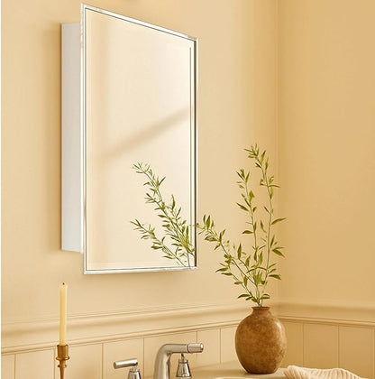 TEHOME 24'' x 30'' Polished Nickel Recessed and Surface Mount Bathroom Medicine Cabinet with Mirror Square Cornered Metal Framed Rounded Rectangle Medicine Cabinet Mirror