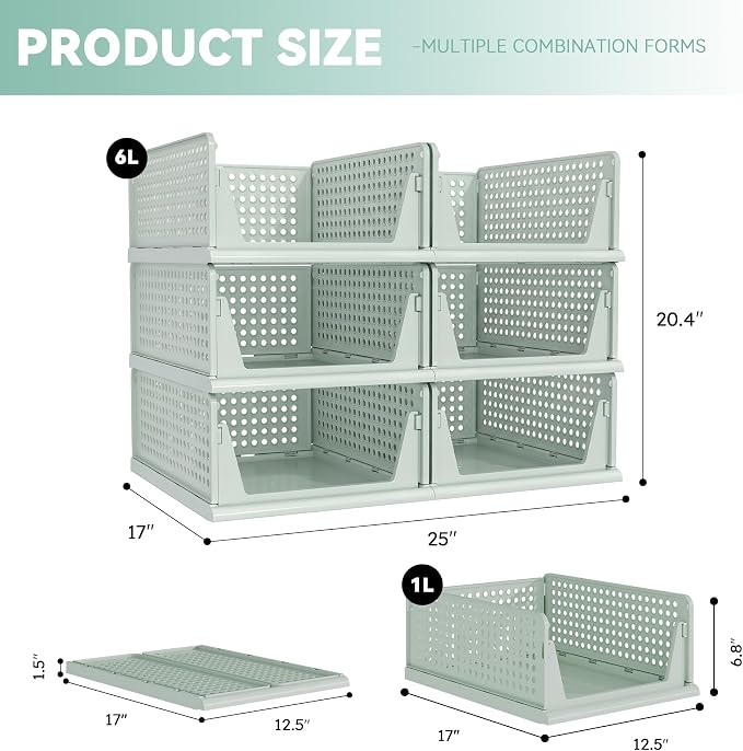 Pinkpum Green Boy Closet Organizers and Storage Stackable Plastic Drawer Basket for Clothing Stackable Storage Bins Shelf Storage Container for Rv Closet Wardrobe Bedroom Bathroom Playroom Man 6 Pack