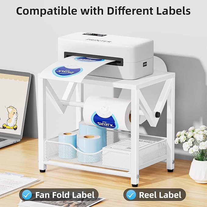 Marbrasse Label Holder for Rolls and Fanfold Labels, Wood Label Printer Holder with Drawer, Shipping Label Stand for Thermal Printer, Sticker Roll Holder for Home, Office, Small Business, Wood White