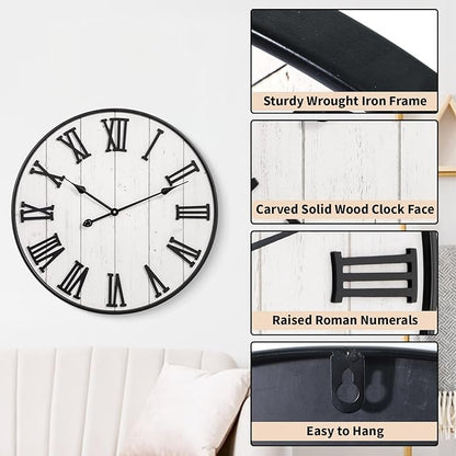 MODE HOME Large Rustic Wooden Wall Clock, 24 Inch Whitewashed Farmhouse Wall Clock with Carved Roman Numerals, Silent Battery Operated Round Vintage Clock for Living Room, Kitchen, Bedroom, Study Room