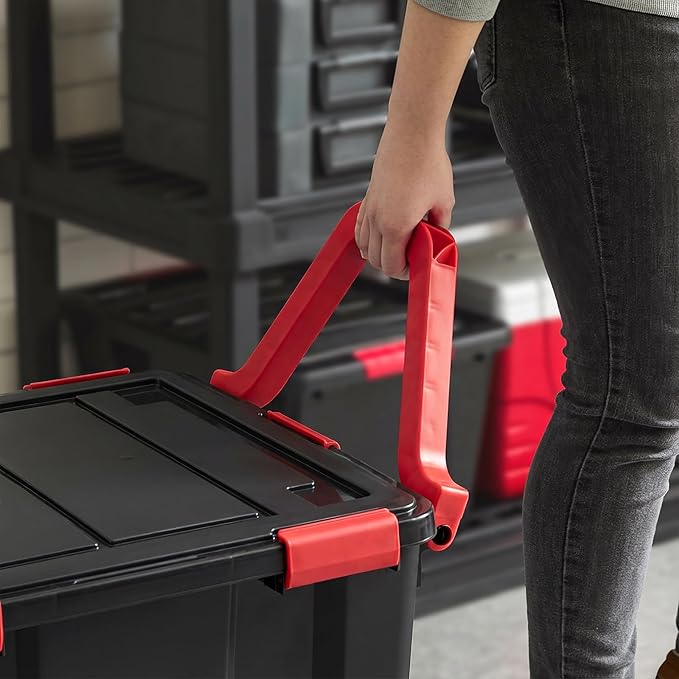 IRIS USA 3-Pack WeatherPro Gasket Box, 106 Quart Weather Resistant Storage Bins with Latching Lids, Heavy Duty Organizing Containers for Closet, Bathroom, and Office - Black/Red