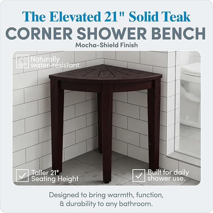 AquaTeak 15.5" Kai Mocha-Shield Corner Teak Shower Bench - Shower Stool for Bathroom with Elevated Height - Durable Water Resistant Shower Chair - Shaving Foot Rest - Indoor & Outdoor Use