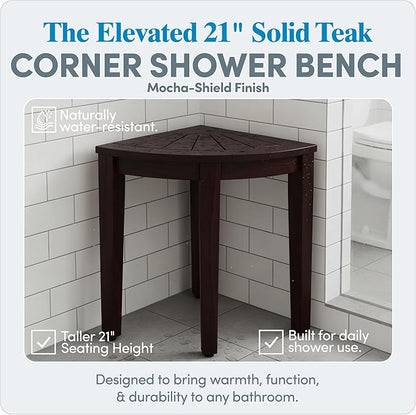 AquaTeak 15.5" Kai Mocha-Shield Corner Teak Shower Bench - Shower Stool for Bathroom with Elevated Height - Durable Water Resistant Shower Chair - Shaving Foot Rest - Indoor & Outdoor Use