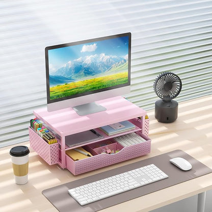gianotter Wood Monitor Stand Riser, Desk Organizer with Drawer and 2 Pen Holders, 2-Tier Workspace Organizer for Office Supplies