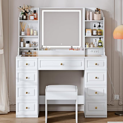 43" Makeup Vanity Desk with Mirror and Lights, & Power Outl, Glass Top Big Vanity Table with 9 Drawers& 8 Storage Shelves, Dressing Table Set with Chair for Bedroom, White