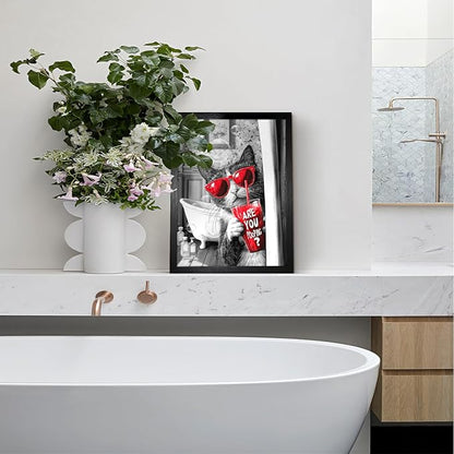 Behind The Shower Curtain Wearing Red Sunglasses Cat For Bathroom Wall Decor Framed Cute Animal Wall Decor For Bathroom Washroom Restroom Decor Rustic Humor Wall Poster (Black Framed) 8x10 Inch