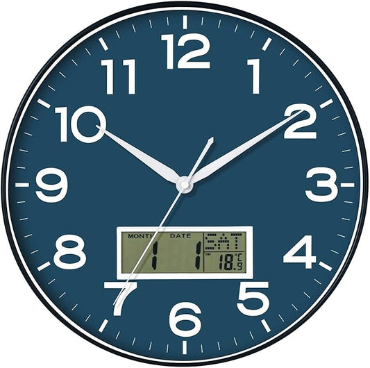 AKCISOT Wall Clock 12 Inch, Non-Ticking Silent Battery Operated Analog with LCD Display for Perpetual Calendar and Temperature, Ideal Modern Decor for Home, Bedroom, Kitchen, Office (Blue)