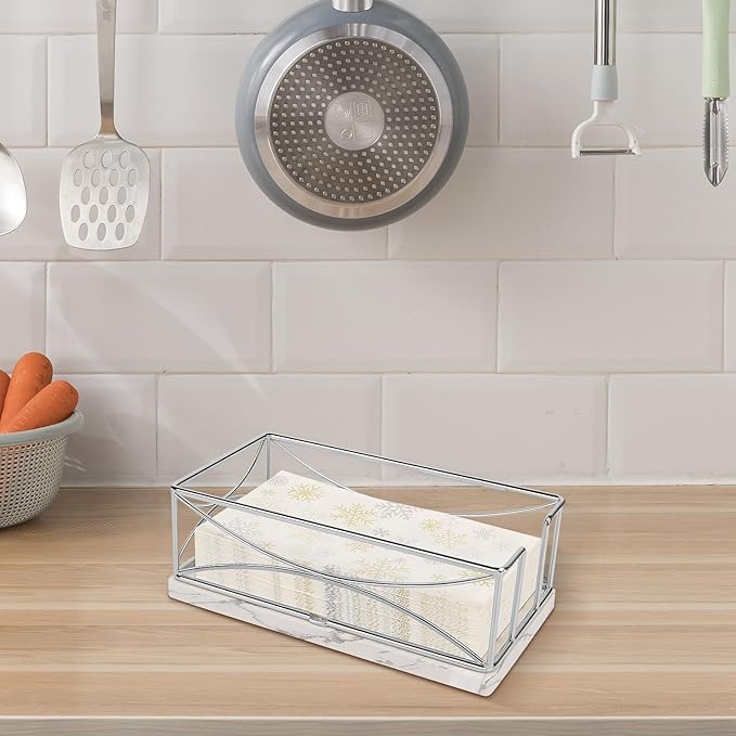 Livabber Guest Napkin Holder, Metal Bathroom Paper Hand Towel Storage Modern Napkin Tray Caddy for Countertop, Table Kitchen, Dinning Room (Chrome, Marble Base)