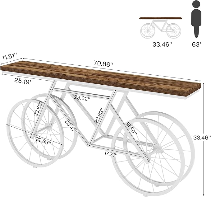 Tribesigns 70.9-Inch Extra Long Console Table, Narrow Sofa Table with Bicycle Metal Base, Modern Industrial Entryway Table for Living Room, Hallway, Entrance, Foyer, Rustic Brown & White