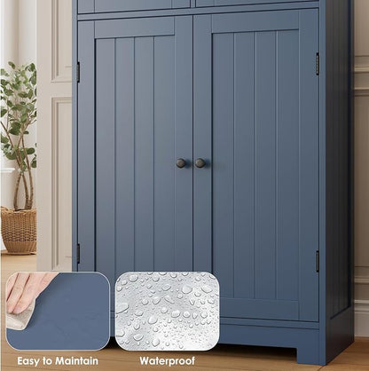HORSTORS 67" Tall Bathroom Storage Cabinet, Freestanding Storage Cabinet with Glass Door and Shelves, Kitchen Pantry with 2 Drawers for Bathroom, Living Room, Dining Room, Blue