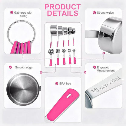 Measuring Cups and Spoons Set Stainless Steel 10 Piece for Cooking and Baking (5 Cups + 5 Spoons, Pink Handle)