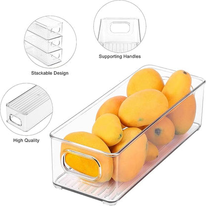 Set of 4 Refrigerator Pantry Organizer Bins - Stackable Fridge Organizers with Handles for Pantry, Freezer, Kitchen, Countertops, Cabinets - Clear Plastic Food Storage Bins