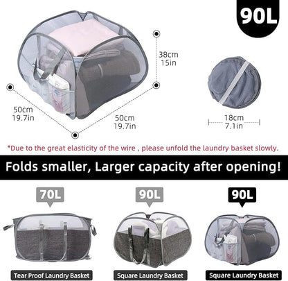 Collapsible Laundry Basket, 90L Foldable Pop Up Laundry Hamper with Handles, Mesh Dirty Clothes Hamper for Laundry, Bathroom, Kids Room, Dorm,Travel or Camping (Gray, 2PCS)