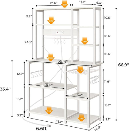SUPERJARE Large Bakers Rack with Power Outlets, 6-Tier Microwave Stand, Coffee Bar with 12 S-Shaped Hooks, Kitchen Shelf with Wire Basket, 39.4 x 14.6X 66.9 Inches, White