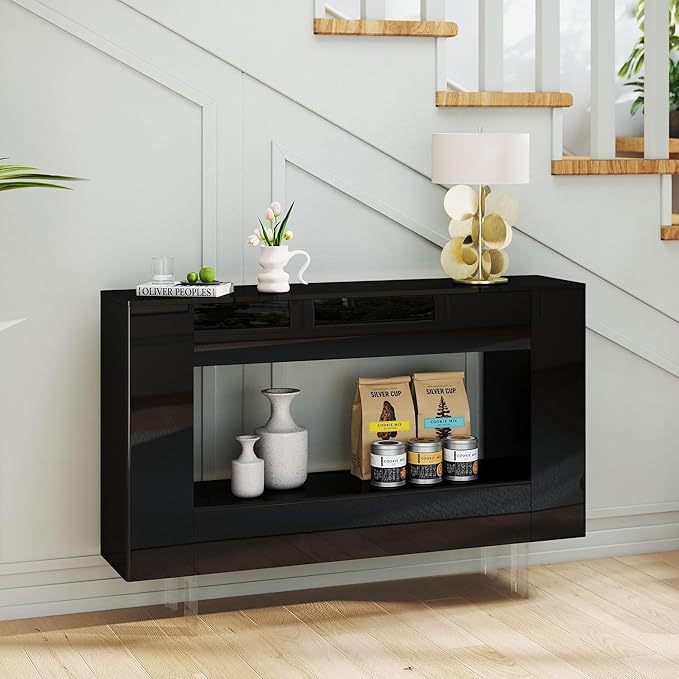 47" High Gloss Console Table with Hidden Side Storage Cabinets, Adjustable Shelves, Modern Black Entryway Sofa Table for Behind The Couch, Living Room, Hallway, Black