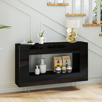 47" High Gloss Console Table with Hidden Side Storage Cabinets, Adjustable Shelves, Modern Black Entryway Sofa Table for Behind The Couch, Living Room, Hallway, Black