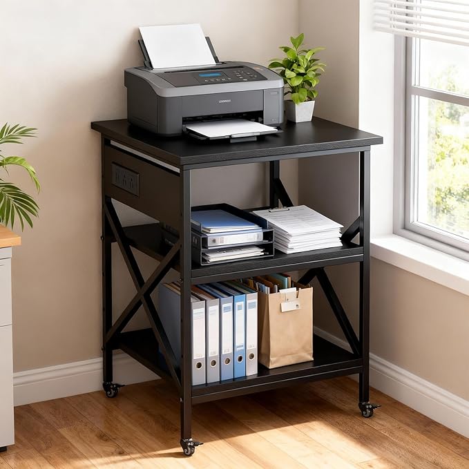 TUMAN Pro Large Printer Stand with Power Outlet and Storage 3 Tier Mobile Rolling Cart with Locking Casters 23.6 x 23.6 x 30 Inches Home Office Black