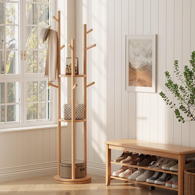 Muwuele Solid Wood Rotary Coat Rack, Freestanding Coat Rack with 3 Shelves and 9 Hooks, Coat tree for Bedroom, Entryway, Livingroom, Coat Hanger Stand for Coats, Scarves, Handbags (Natural)