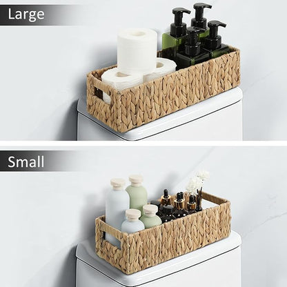 Nesting Small Wicker Basket, Water Hyacinth Toilet Paper Baskets Bathroom Organizer Woven Long Narrow Baskets for Organizing Pantry Bathroom Toilet Tank, 2 Pack