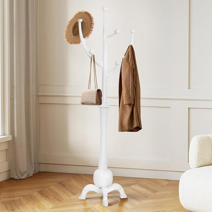 Wooden Coat Rack Freestanding with 8 Hooks, Heavy Duty Coat Hanger Stand with Stable Base, Vintage Coat Tree Standing Coat Racks for Entryway, Hallway, Bedroom (White)
